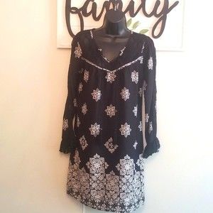 Venus Black and White Tunic S Lace Top Sleeve Sheer Detail Tassles Mini Dress